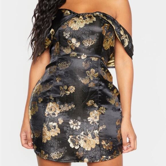 NWT Pretty Little Thing Black Floral Bardot Bodycon Mini Dress US 8 UK 12 - Picture 2 of 8